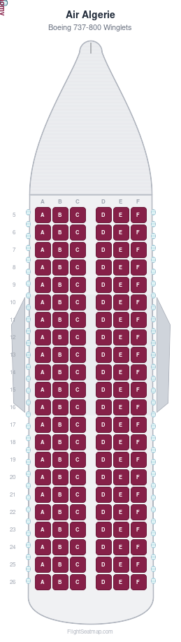 Air Algerie Boeing 737-800 Winglets seat map layout showing 1-class configuration with 132 seats
