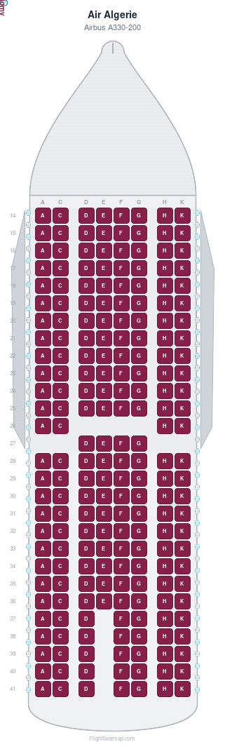 Air Algerie Airbus A330-200 seat map layout showing 1-class configuration with 211 seats