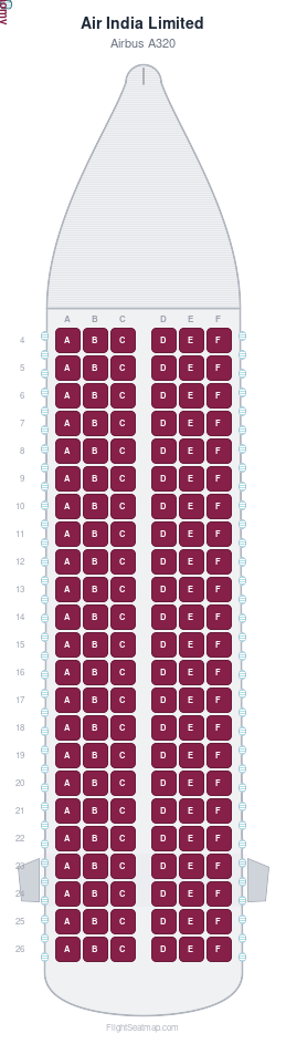 Air India Limited Airbus A320 seat map layout showing 1-class configuration with 138 seats