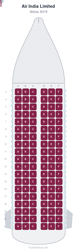 Air India Limited Airbus A319 seat map layout showing 1-class configuration with 114 seats