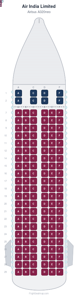 Air India Limited Airbus A320neo seat map layout for flight AI330 from BOM to BKK