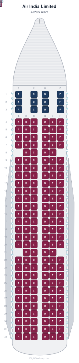 Air India Limited Airbus A321 seat map layout for flight AI885 from DEL to GOI