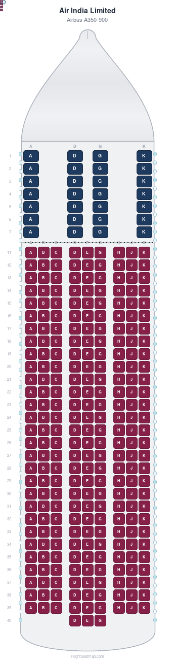 Air India Limited Airbus A350-900 seat map layout for flight AI106 from EWR to DEL