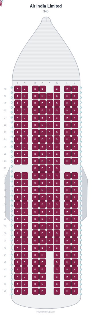 Air India Limited 340 seat map layout showing 1-class configuration with 221 seats