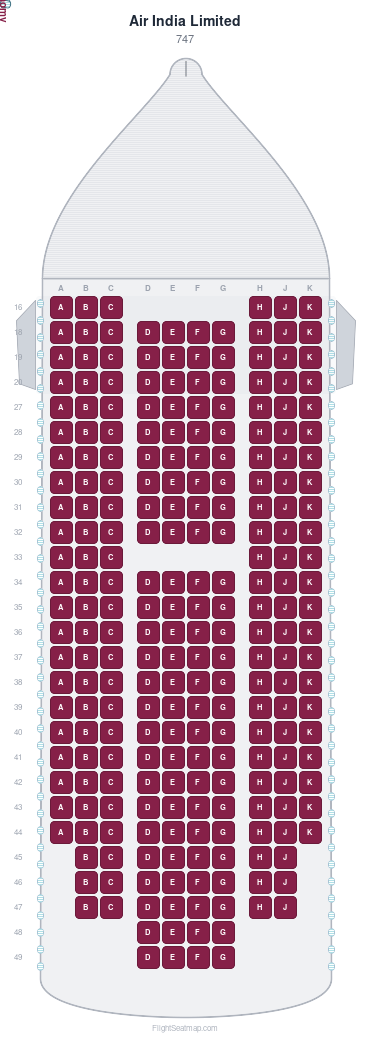 Air India Limited 747 seat map layout showing 1-class configuration with 244 seats