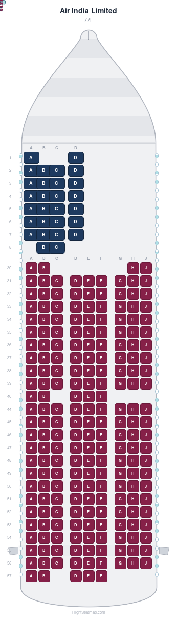 Air India Limited 77L seat map layout for flight AI180 from SFO to BOM