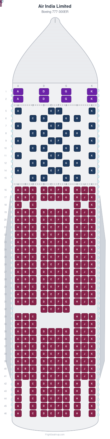 Air India Limited Boeing 777-300ER seat map layout for flight AI116 from JFK to BOM