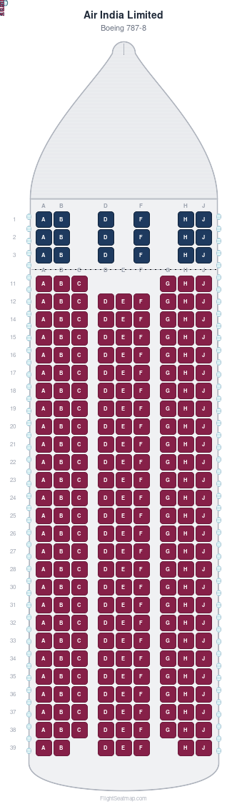 Air India Limited Boeing 787-8 seat map layout for flight AI132 from LHR to BLR
