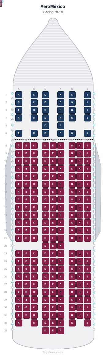 AeroMéxico Boeing 787-8 seat map layout showing 2-class configuration with 243 seats