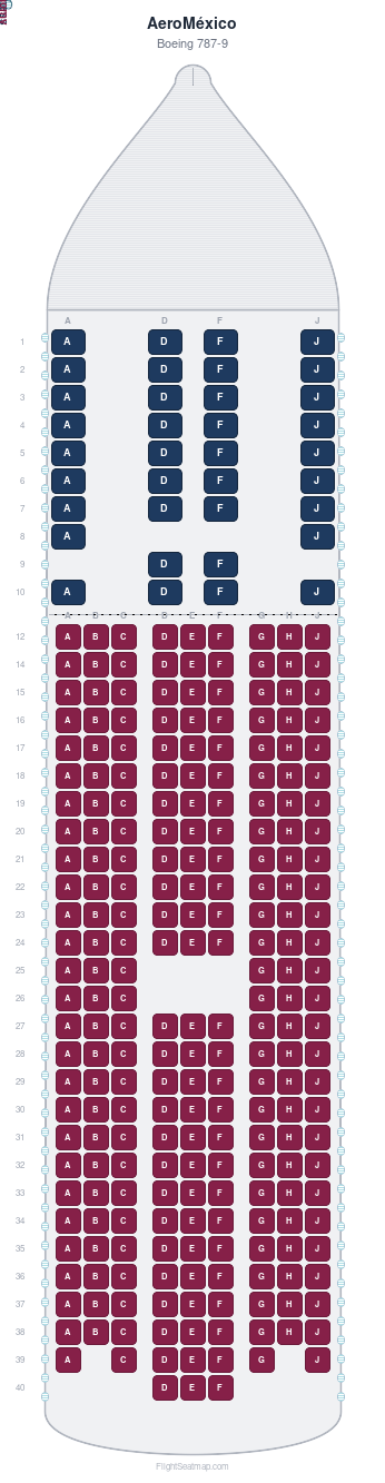 AeroMéxico Boeing 787-9 seat map layout for flight AM14 from MEX to GRU