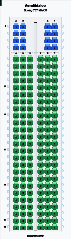 AeroMéxico Boeing 737 MAX 8 seat map layout showing 2-class configuration with 166 seats