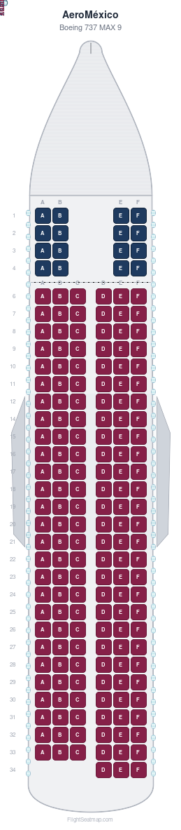 AeroMéxico Boeing 737 MAX 9 seat map layout showing 2-class configuration with 181 seats