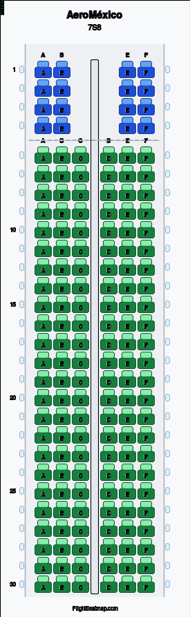 AeroMéxico 7S8 seat map layout showing 2-class configuration with 160 seats