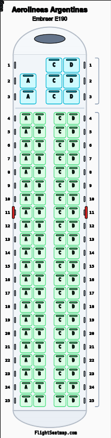 Aerolineas Argentinas Embraer E190 seat map layout for flight AR1384 from AEP to MVD