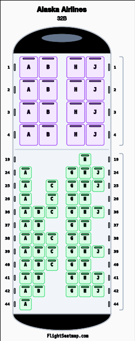 Alaska Airlines Airbus A321 (sharklets) seat map layout for flight AS834 from PDX to KOA