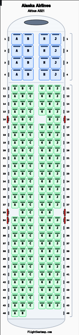 Alaska Airlines Airbus A321 seat map layout showing 2-class configuration with 189 seats