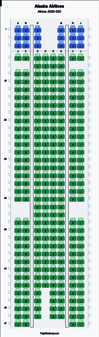 Alaska Airlines Airbus A330-200 seat map layout showing 2-class configuration with 278 seats