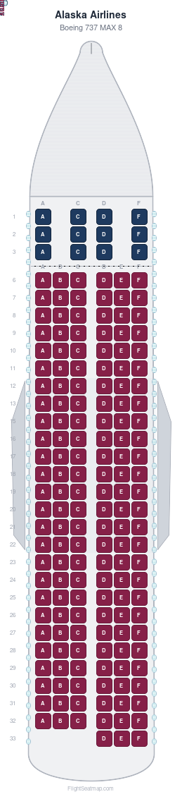 Alaska Airlines Boeing 737 MAX 8 seat map layout showing 2-class configuration with 171 seats