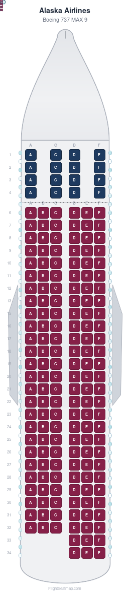 Alaska Airlines Boeing 737 MAX 9 seat map layout for flight AS420 from SEA to MCO