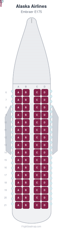 Alaska Airlines Embraer E175 seat map layout showing 1-class configuration with 64 seats
