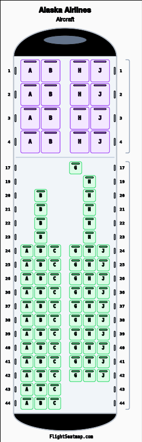 Alaska Airlines  seat map layout showing 2-class configuration with 92 seats