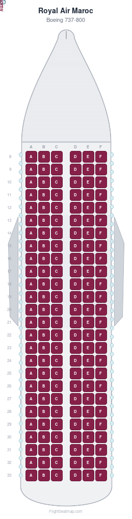 Royal Air Maroc Boeing 737-800 seat map layout showing 1-class configuration with 156 seats