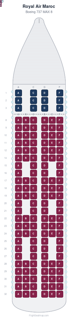 Royal Air Maroc Boeing 737 MAX 8 seat map layout showing 2-class configuration with 142 seats