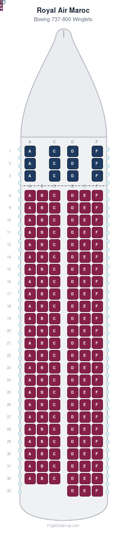Royal Air Maroc Boeing 737-800 Winglets seat map layout showing 2-class configuration with 159 seats