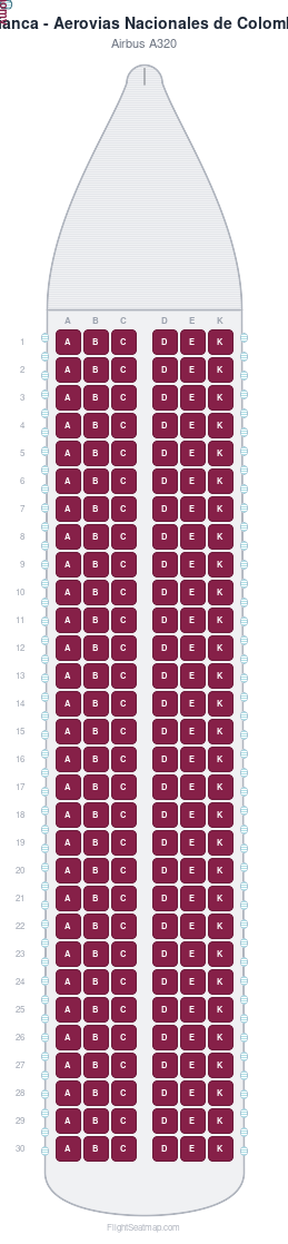 Avianca - Aerovias Nacionales de Colombia Airbus A320 seat map layout showing 1-class configuration with 180 seats