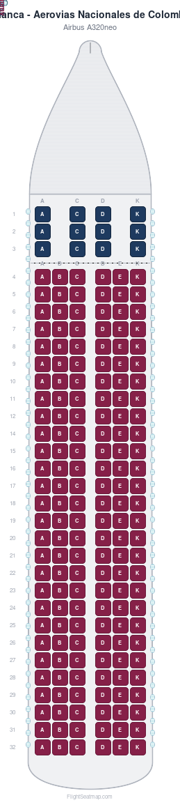 Avianca - Aerovias Nacionales de Colombia Airbus A320neo seat map layout for flight AV115 from BOG to SCL