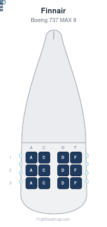 Finnair Boeing 737 MAX 8 seat map layout showing 1-class configuration with 12 seats