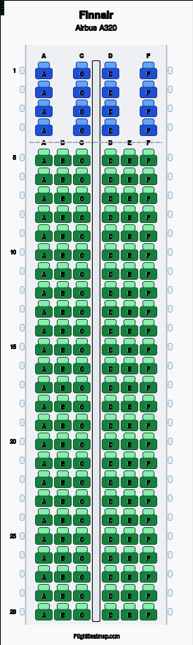 Finnair Airbus A320 seat map layout showing 2-class configuration with 166 seats