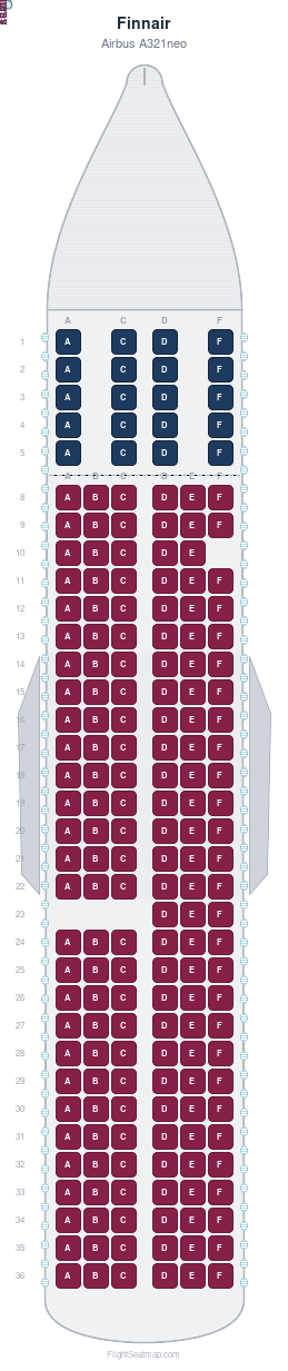 Finnair Airbus A321neo seat map layout showing 2-class configuration with 190 seats