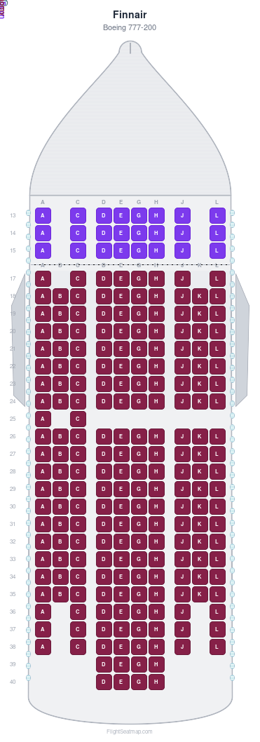 Finnair Boeing 777-200 seat map layout showing 2-class configuration with 236 seats