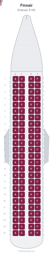 Finnair Embraer E190 seat map layout showing 1-class configuration with 100 seats
