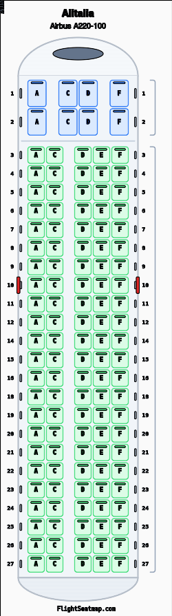 Alitalia Airbus A220-100 seat map layout for flight AZ1299 from LIN to NAP
