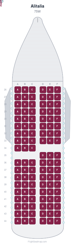 Alitalia 75W seat map layout showing 1-class configuration with 108 seats