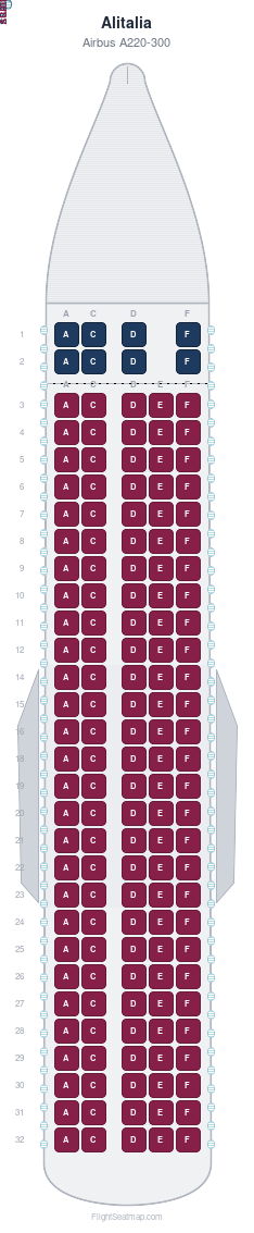 Alitalia Airbus A220-300 seat map layout showing 2-class configuration with 148 seats