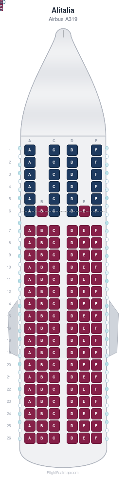Alitalia Airbus A319 seat map layout showing 2-class configuration with 134 seats