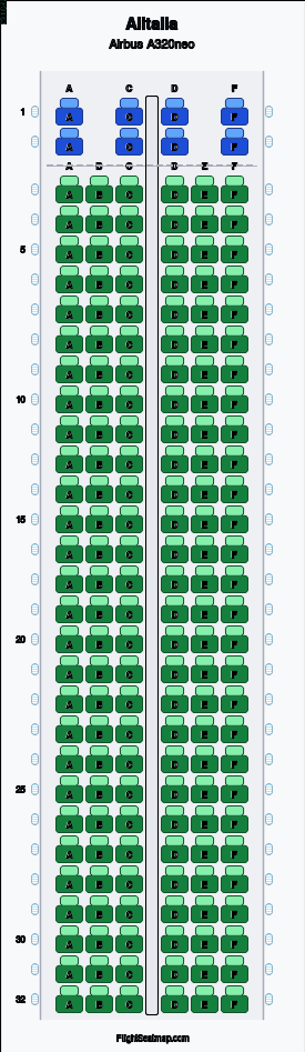 Alitalia Airbus A320neo seat map layout for flight AZ78 from FCO to BCN