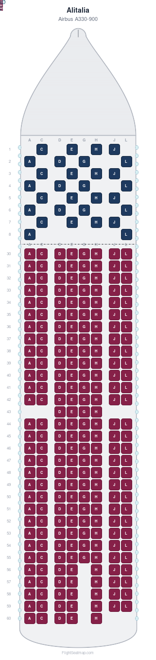 Alitalia Airbus A330-900 seat map layout for flight AZ609 from JFK to FCO