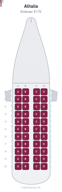 Alitalia Embraer E175 seat map layout showing 1-class configuration with 44 seats
