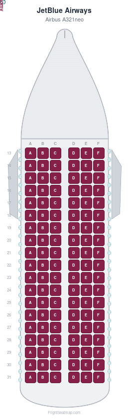 JetBlue Airways Airbus A321neo seat map layout showing 1-class configuration with 114 seats