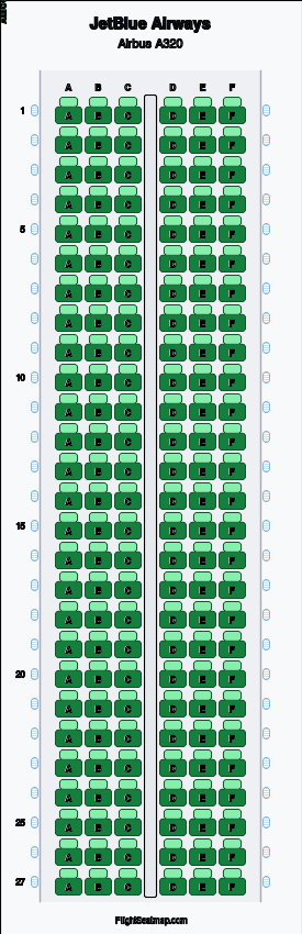 JetBlue Airways Airbus A320 seat map layout showing 1-class configuration with 162 seats