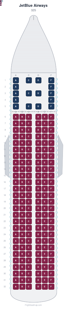 JetBlue Airways 32S seat map layout showing 2-class configuration with 178 seats