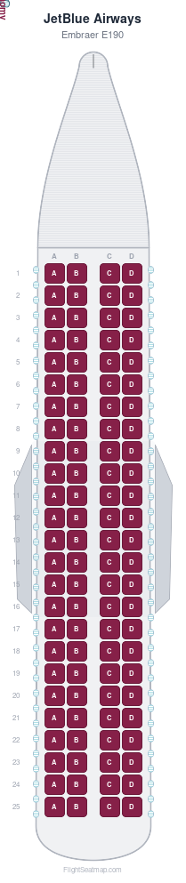 JetBlue Airways Embraer E190 seat map layout showing 1-class configuration with 100 seats