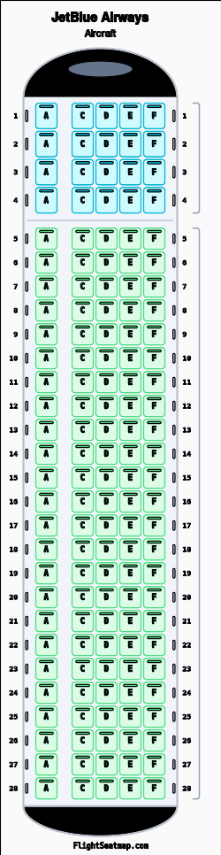 JetBlue Airways  seat map layout showing 2-class configuration with 140 seats