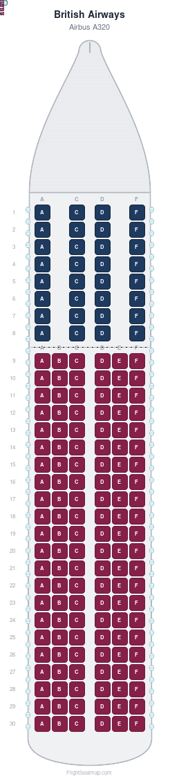 British Airways Airbus A320 seat map layout showing 2-class configuration with 164 seats