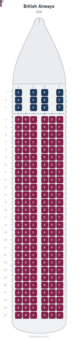 British Airways 32A seat map layout showing 2-class configuration with 174 seats