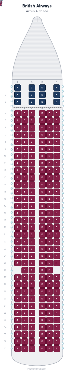 British Airways Airbus A321neo seat map layout showing 2-class configuration with 214 seats